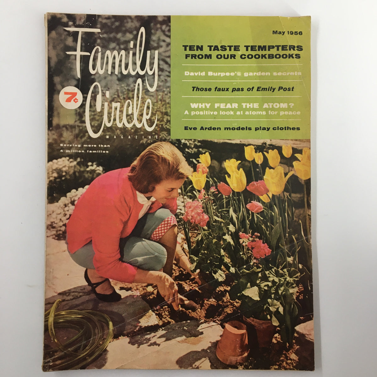 Cover of VTG Family Circle Magazine from May 1956 featuring Eve Arden modeling play clothes amidst colorful tulips.