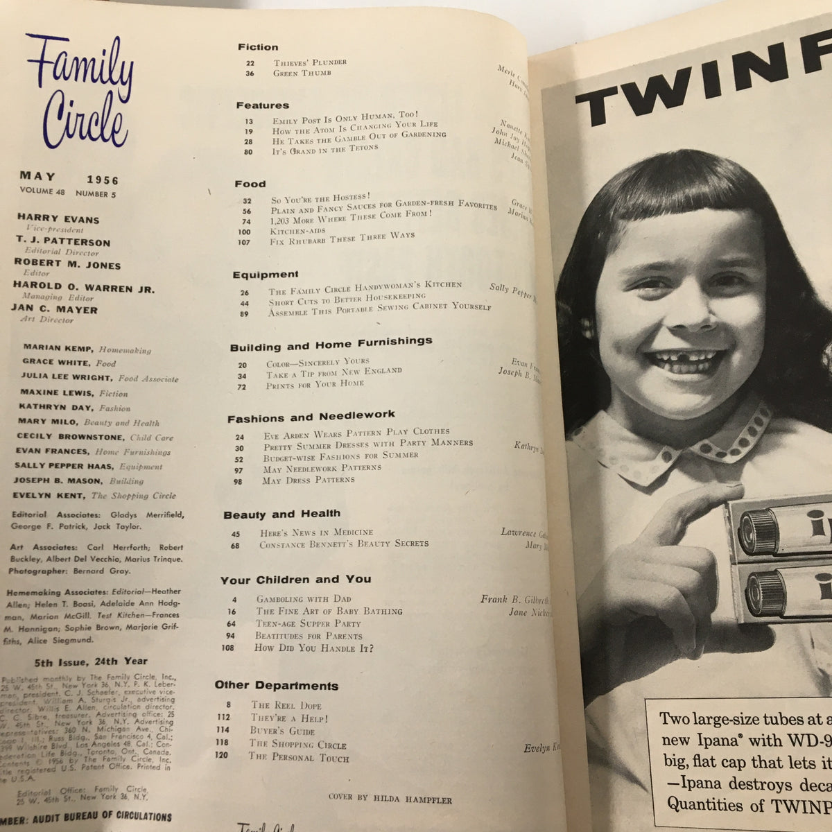 Interior page of VTG Family Circle Magazine, May 1956, displaying table of contents and highlighting fashion section featuring Eve Arden.