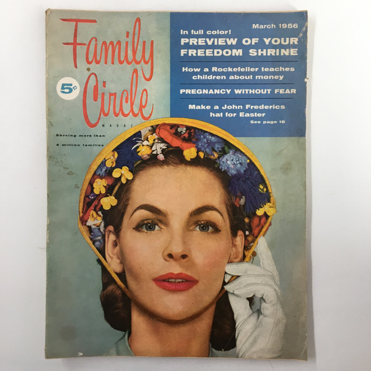 Cover of VTG Family Circle Magazine March 1956 featuring a woman in a floral hat, emphasizing Easter fashion and a vintage design.