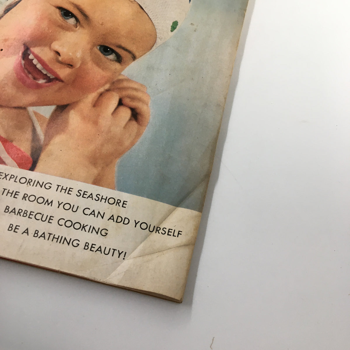 Inside page view of VTG Family Circle Magazine July 1954, highlighting a smiling girl in a bathing cap with a focus on summer activities and beauty tips.