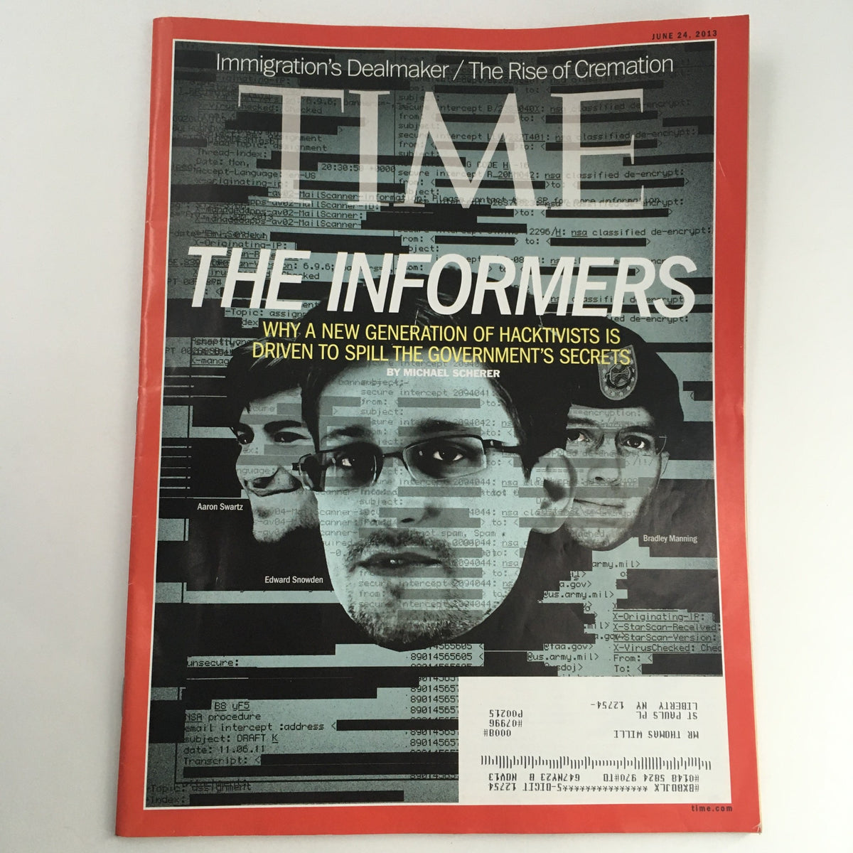 Time Magazine June 24 2013 cover featuring Aaron Swartz, Edward Snowden, and Bradley Manning with the title 'The Informers' discussing hacktivism and government secrets.