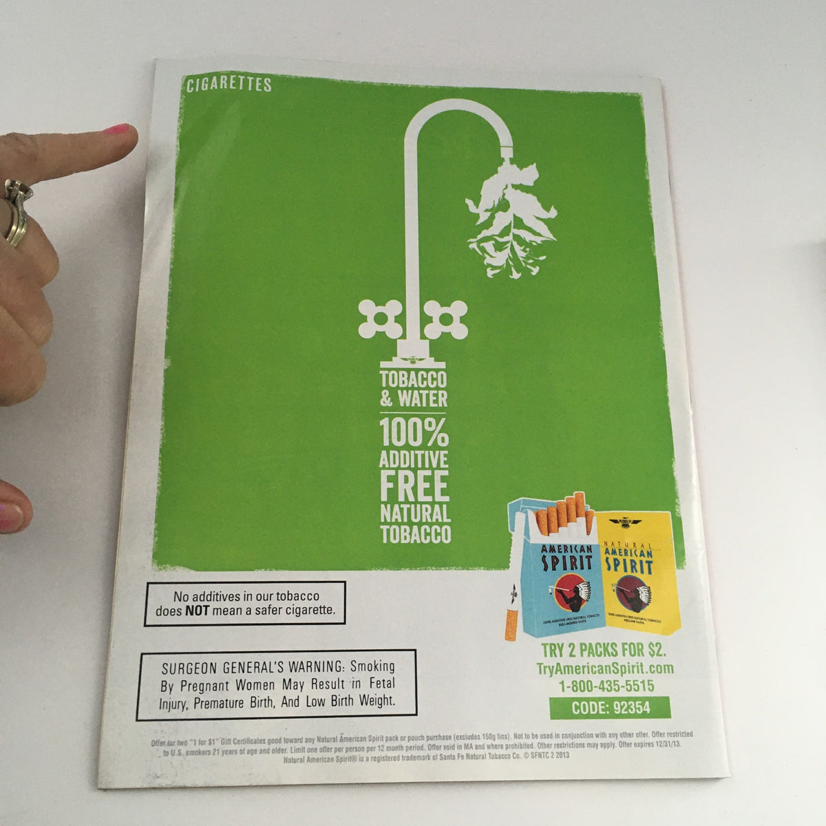 Back cover of Time Magazine June 24 2013 showcasing a cigarette advertisement for American Spirit, highlighting its 100% additive-free natural tobacco.