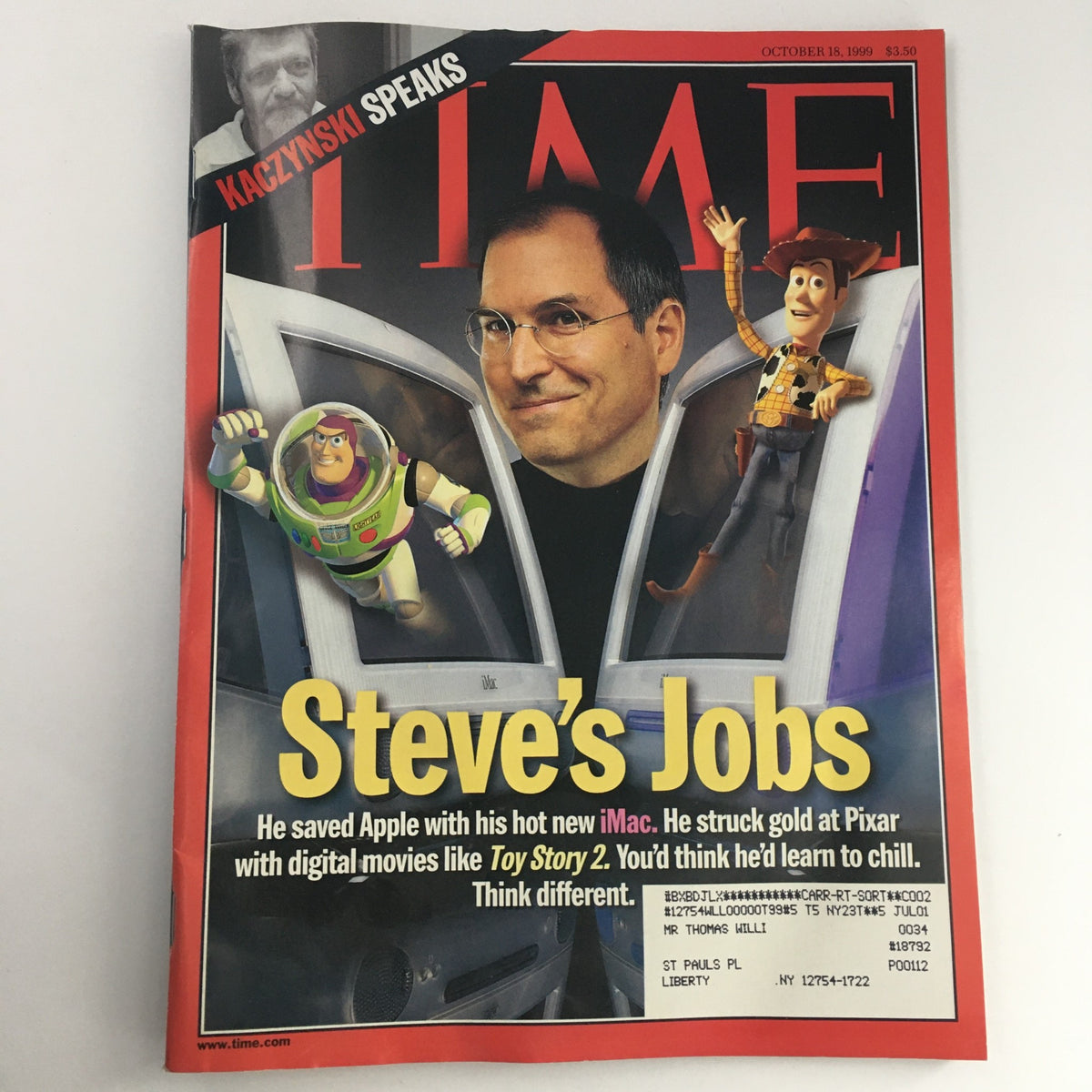 Cover of Time Magazine from October 18, 1999, featuring Steve Jobs with Buzz Lightyear and Woody. The magazine highlights how Jobs saved Apple and includes the title 'Kaczyński Speaks'.