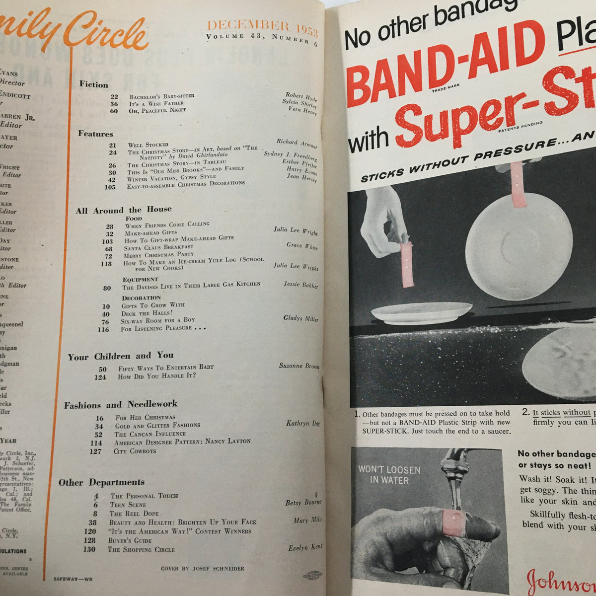 Interior page of Vintage Family Circle Magazine December 1953 displaying the table of contents and advertisements, reflecting mid-century design.