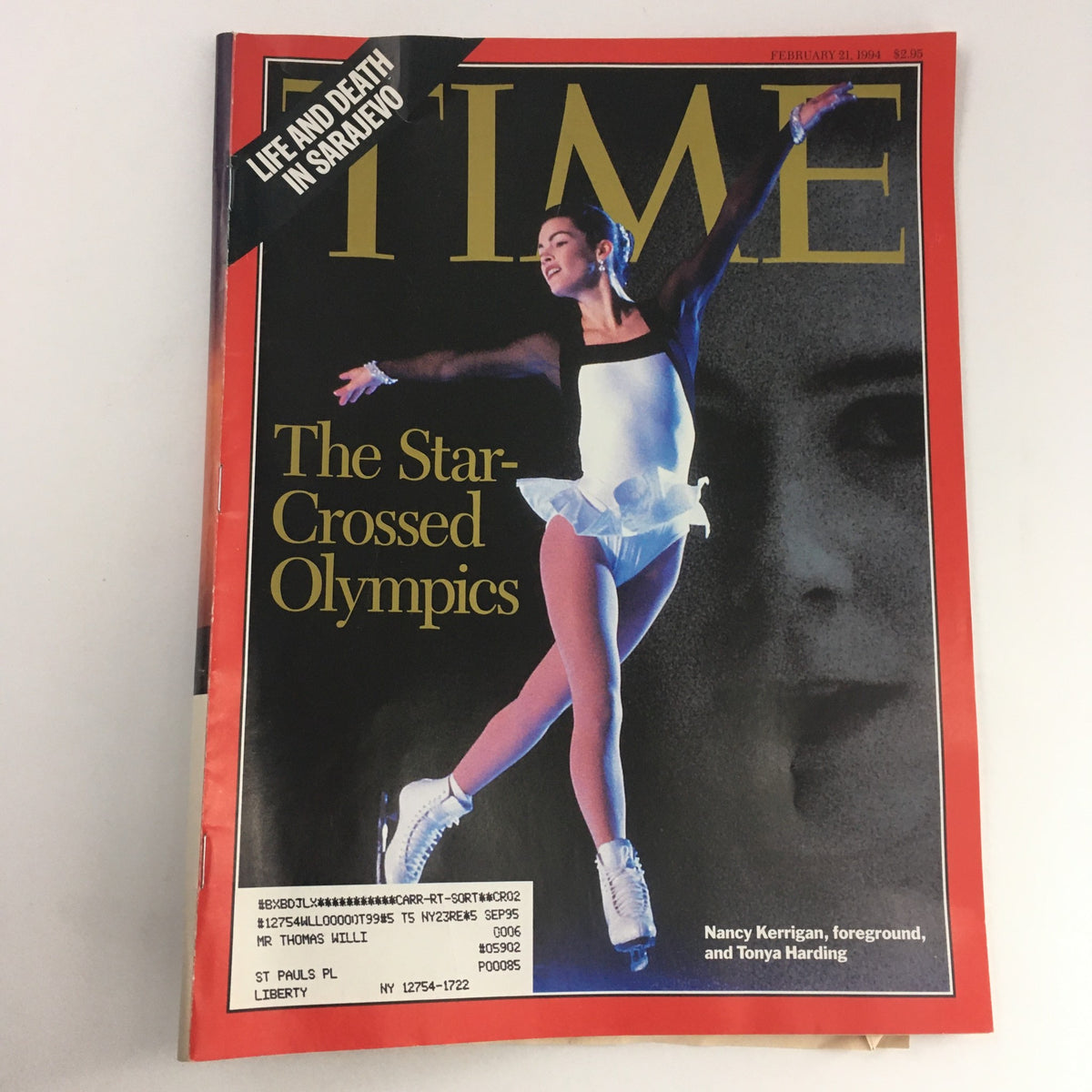 Time Magazine February 21, 1994 cover featuring Nancy Kerrigan in foreground and Tonya Harding, highlighting the Star-Crossed Olympics and their dramatic rivalry.