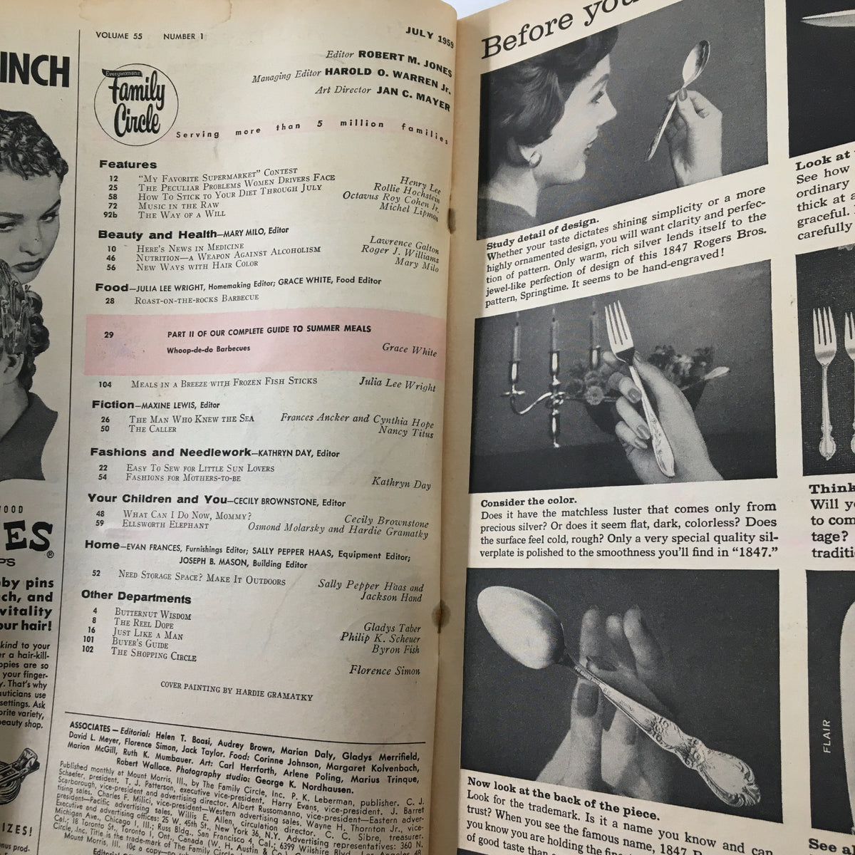 Interior pages of VTG Family Circle Magazine July 1959 showing the contents and features, reflecting the topics relevant to 1950s family lifestyles.