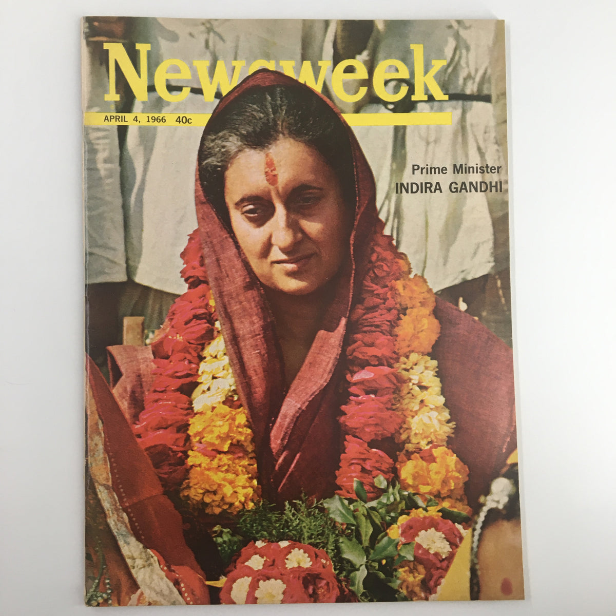 VTG Newsweek Magazine April 4 1966 featuring Prime Minister Indira Gandhi on the cover, adorned with floral garlands, capturing a significant moment in history.