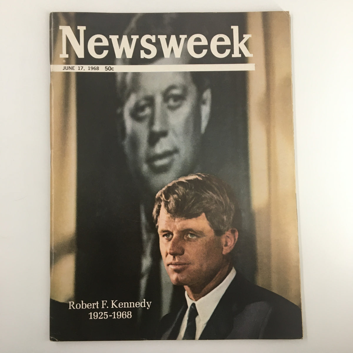 Cover of vintage Newsweek magazine dated June 17, 1968 featuring Robert F. Kennedy, alongside an image of John F. Kennedy, depicting a moment in American history.