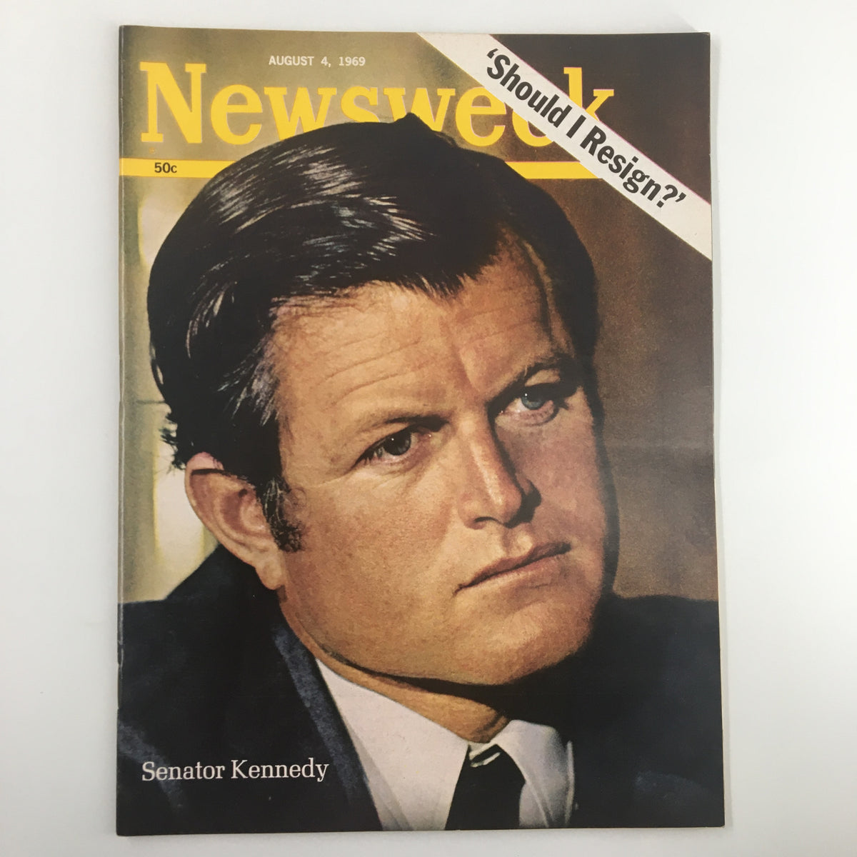 Cover of VTG Newsweek Magazine from August 4, 1969 featuring Senator Kennedy with the headline 'Should I Resign?'. The magazine showcases a vintage aesthetic reflective of 1960s journalism.