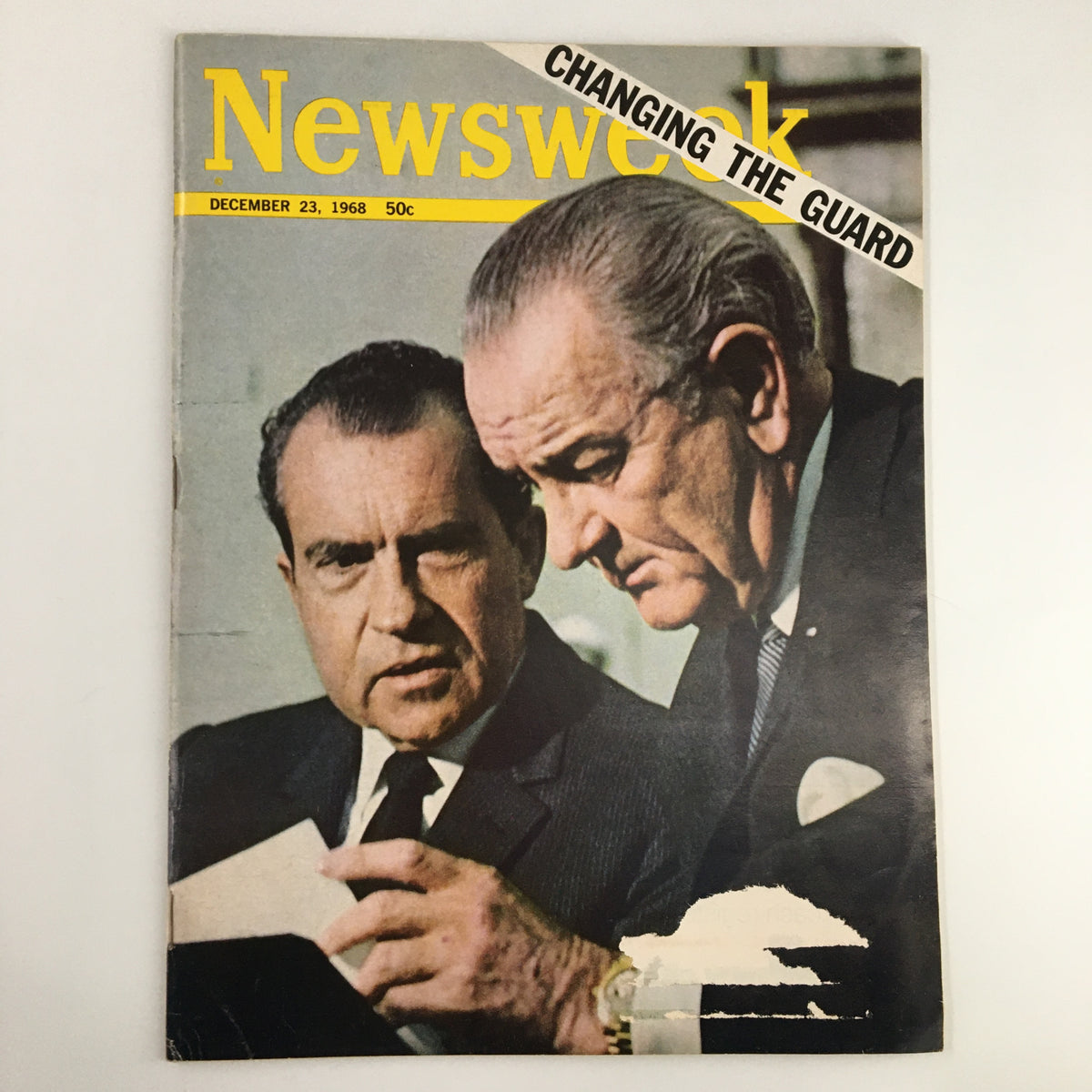 VTG Newsweek Magazine December 23 1968 featuring Richard Nixon and Lyndon B. Johnson on the cover, highlighting the theme 'Changing the Guard'. A significant collectible reflecting a pivotal moment in American history.