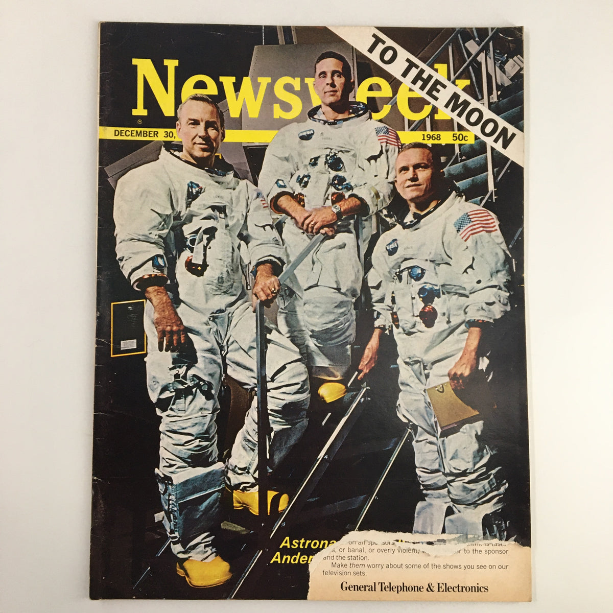 Cover of VTG Newsweek Magazine December 30 1968 featuring astronauts James Lovell, Frank Borman, and William Anders, showcasing their historic journey to the Moon.