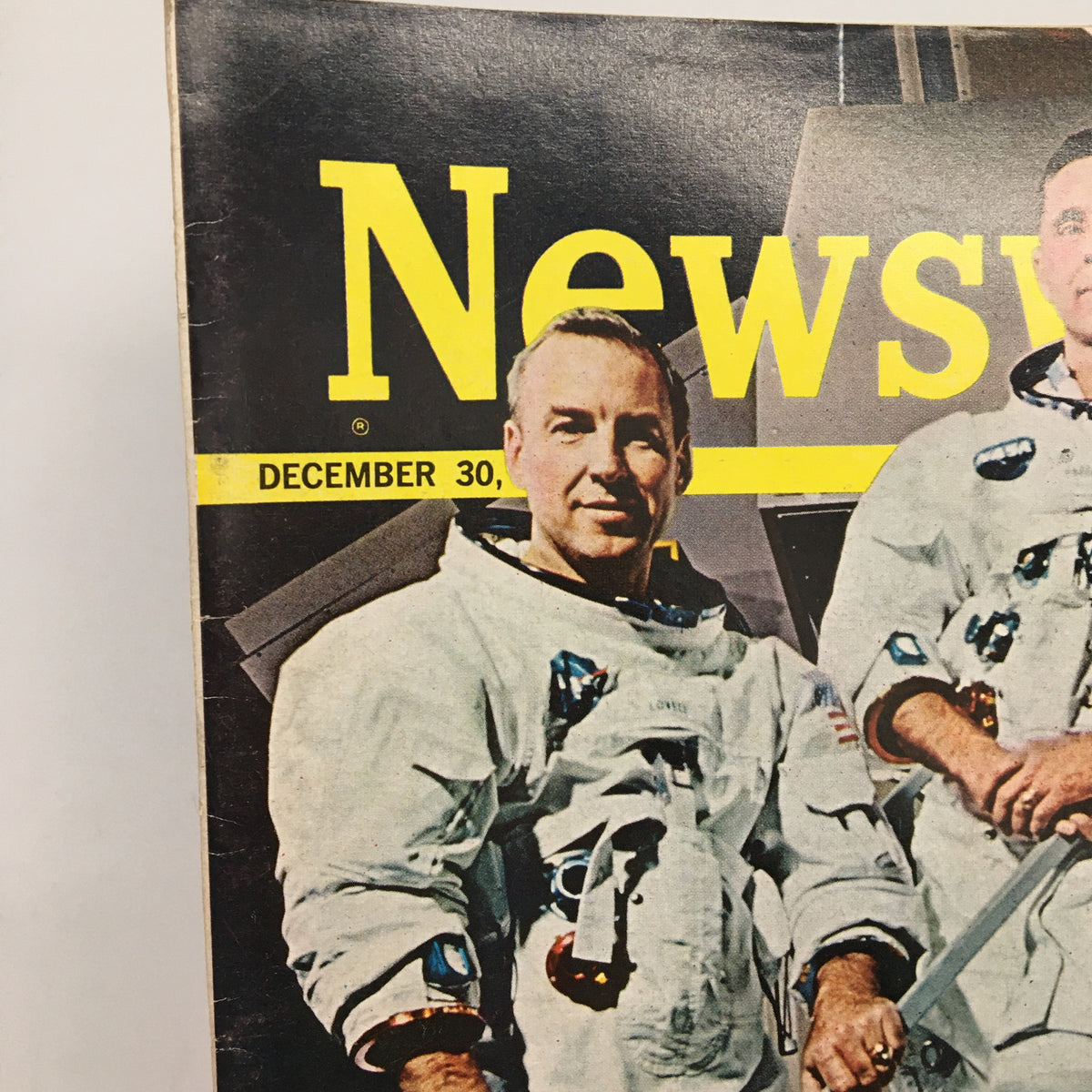 Detailed view of VTG Newsweek Magazine December 30 1968 cover showing astronaut James Lovell in his space suit, part of the iconic Apollo 8 mission.