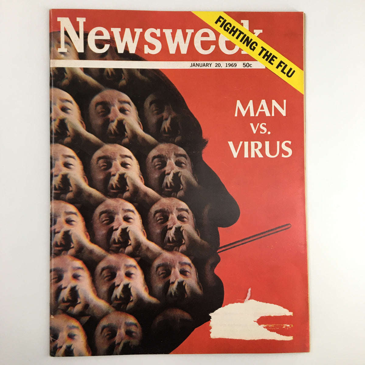 Vintage Newsweek magazine cover from January 20, 1969, titled 'Fighting the Flu: Man vs Virus', featuring a striking visual of multiple faces. This collectible magazine highlights the public health concerns of the era.