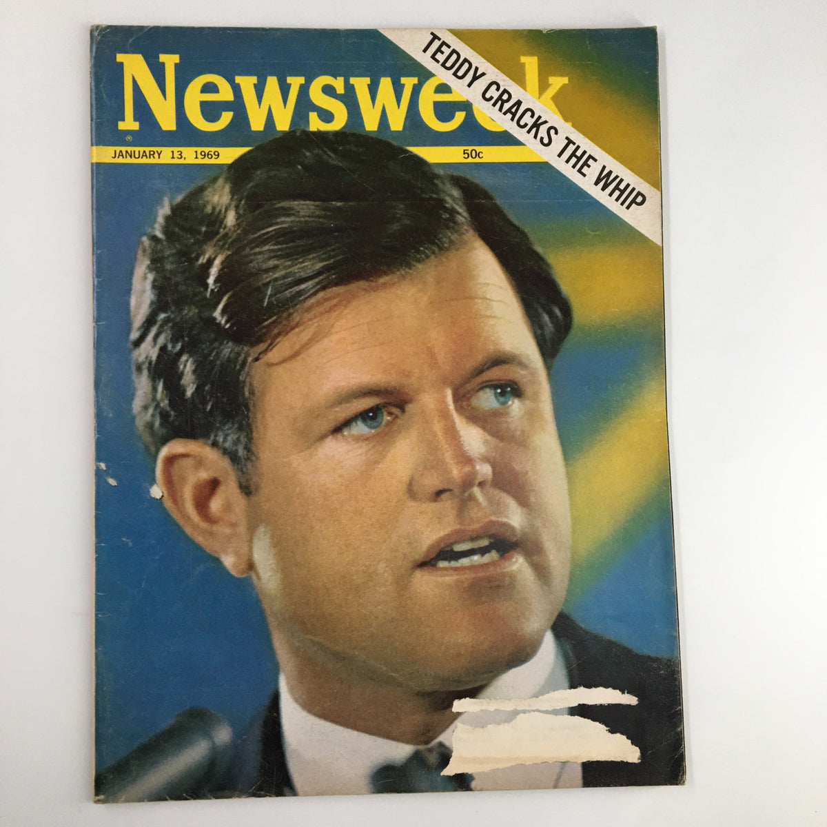 Vintage Newsweek Magazine cover from January 13, 1969 featuring the headline 'Teddy Kennedy Cracks The Whip' with a portrait of Teddy Kennedy.