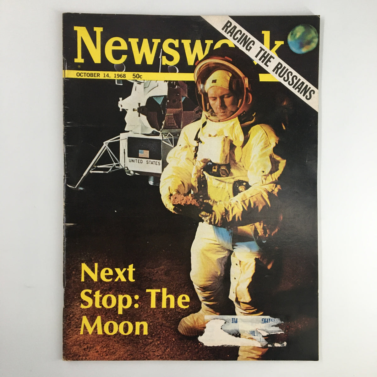 Cover of VTG Newsweek Magazine from October 14, 1968 featuring the title 'Next Stop: The Moon' highlighting the Space Race and the astronauts, along with a depiction of the lunar module.