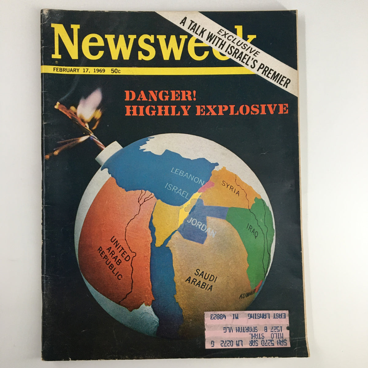 VTG Newsweek Magazine February 17 1969 cover featuring a map of the Middle East with the caption 'Danger! Highly Explosive' and an exclusive interview indication with Israel's Premier.