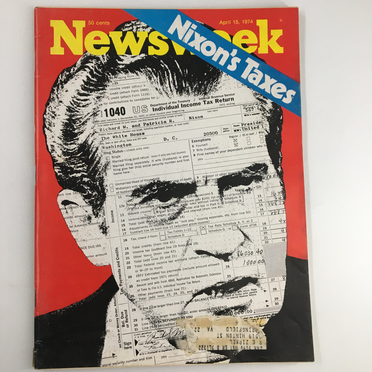 Vintage Newsweek Magazine from April 15, 1974 featuring Richard Nixon's Taxes, showcasing a striking cover design with Nixon's image and tax return form overlay.