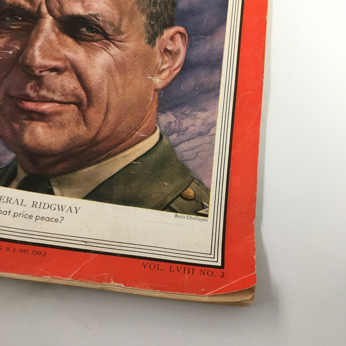 Close-up of the Vintage Time Magazine cover from July 16, 1951, highlighting General Matthew Ridgway, with notable wear and tear indicative of its vintage condition.