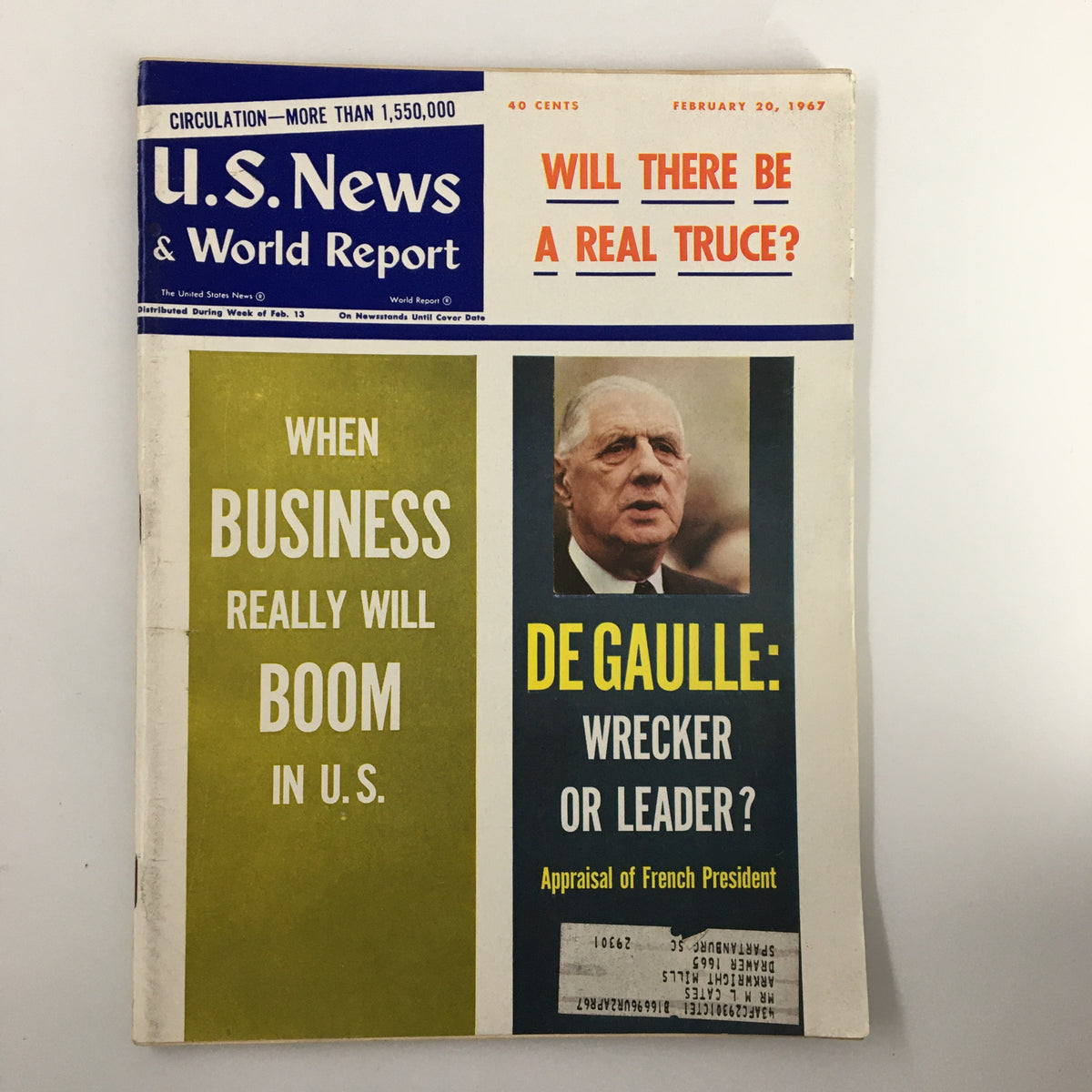 Cover of US News & World Report Magazine February 20 1967 featuring President Charles De Gaulle with the headline 'Wrecker or Leader?' and an article preview about business in the U.S.