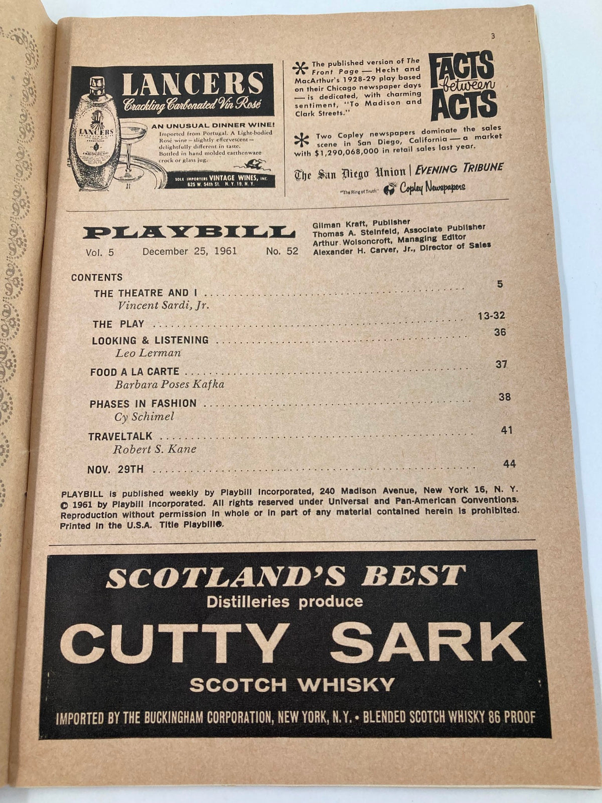 1961 Playbill from Biltmore Theatre featuring content details and advertisements for the production 'Take Her, She's Mine' starring Phyllis Thatxter.