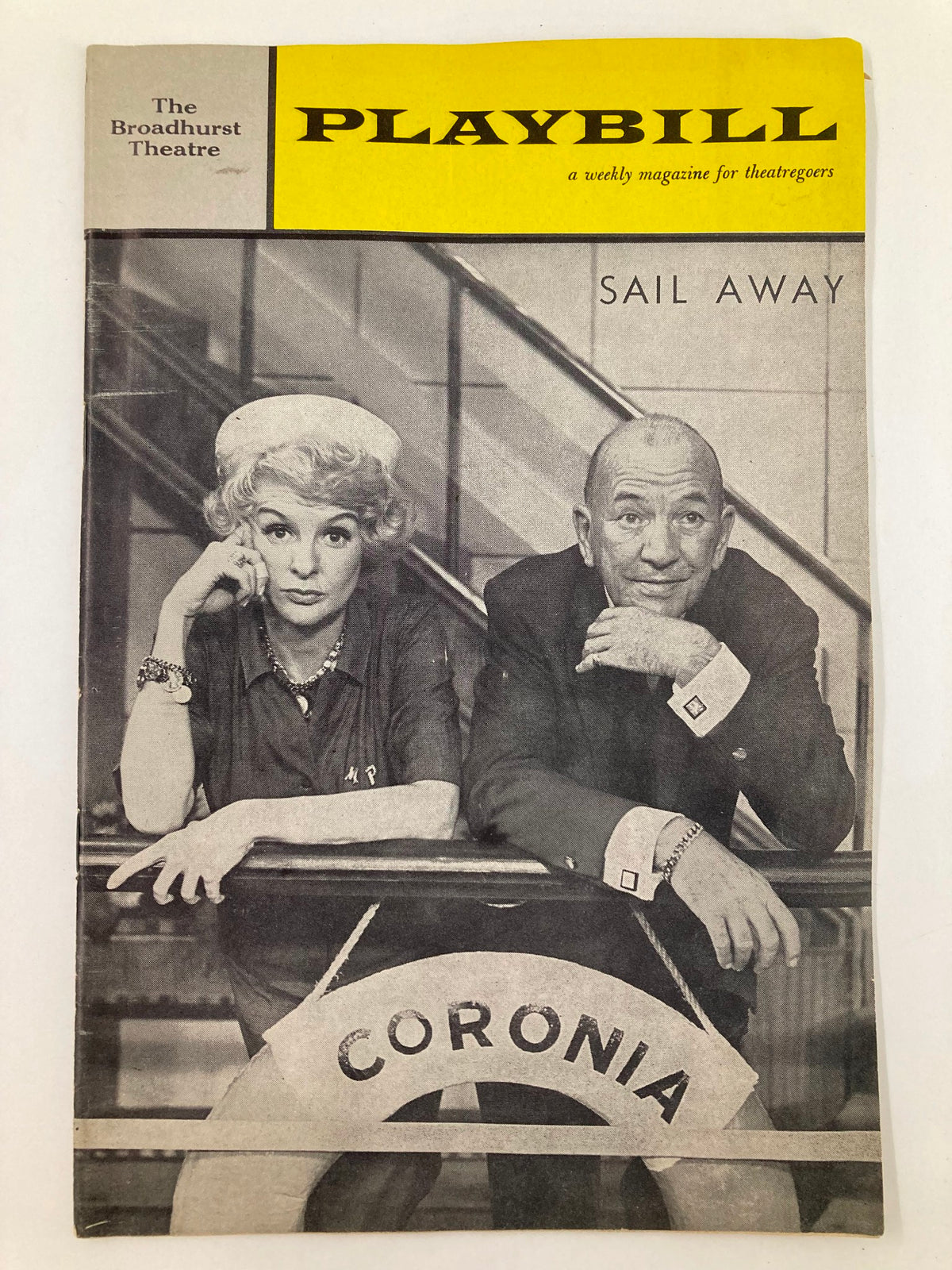 1961 Playbill for Sail Away featuring Elaine Stritch and James Hurst at the Broadhurst Theatre, showcasing vintage Broadway memorabilia.