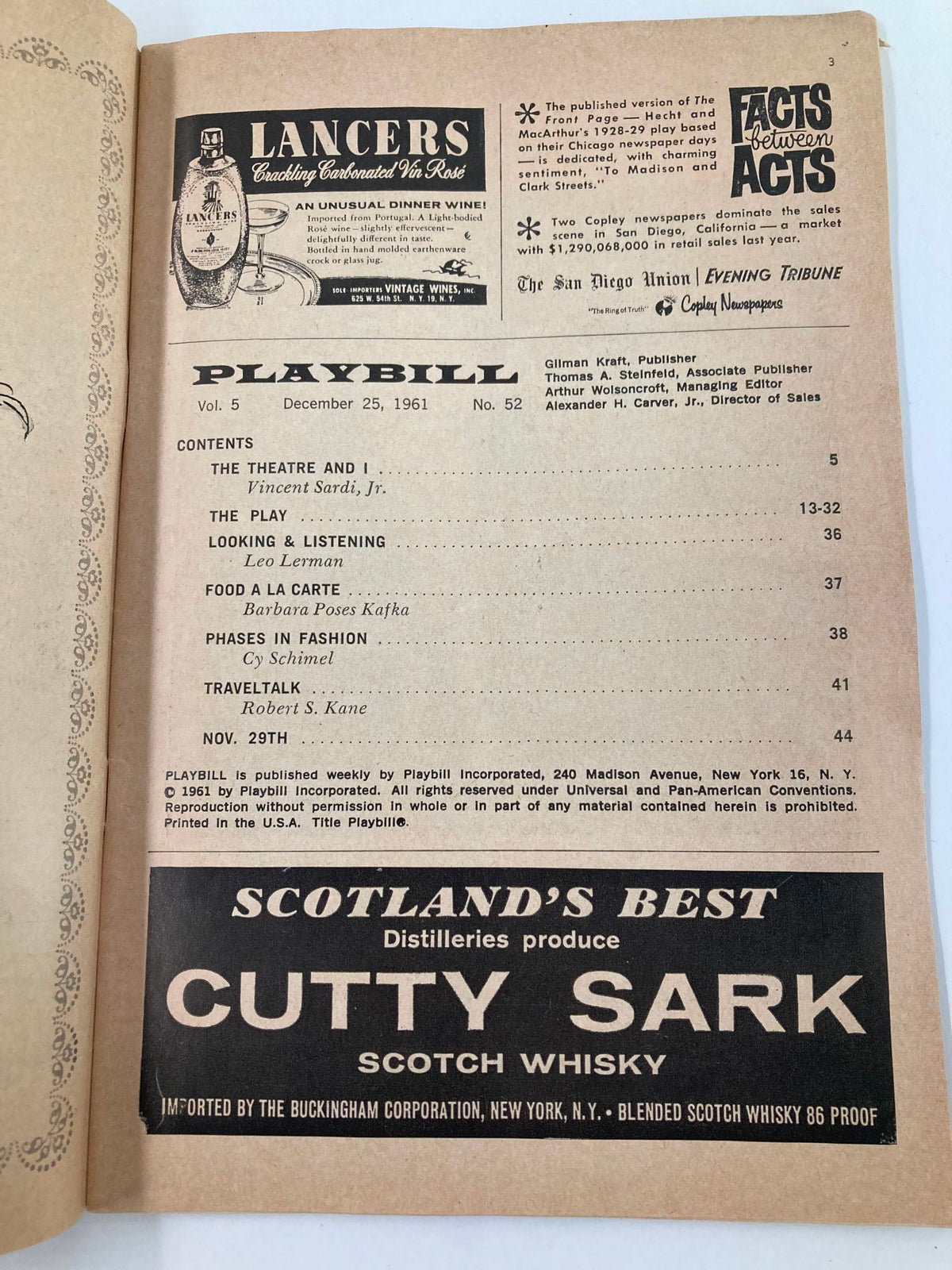 Inside page of the 1961 Playbill for Sail Away, detailing the cast and production information, highlighting the iconic musical at the Broadhurst Theatre.