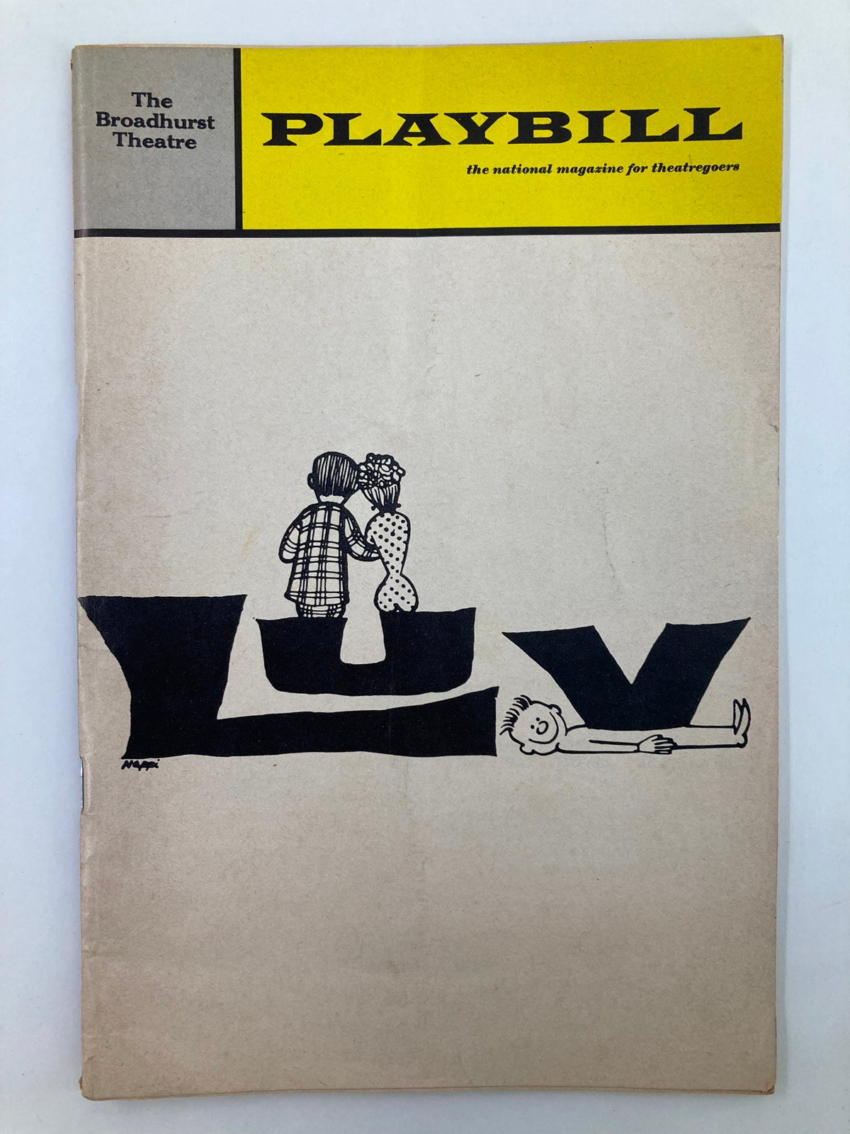 1966 Playbill for the Broadway production of Luv at The Broadhurst Theatre featuring artwork of characters on the cover.