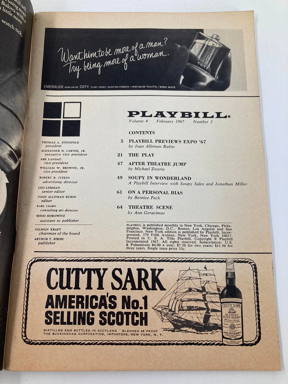 1967 Playbill St. James Theatre showcasing the content page with details on the production and advertisements.