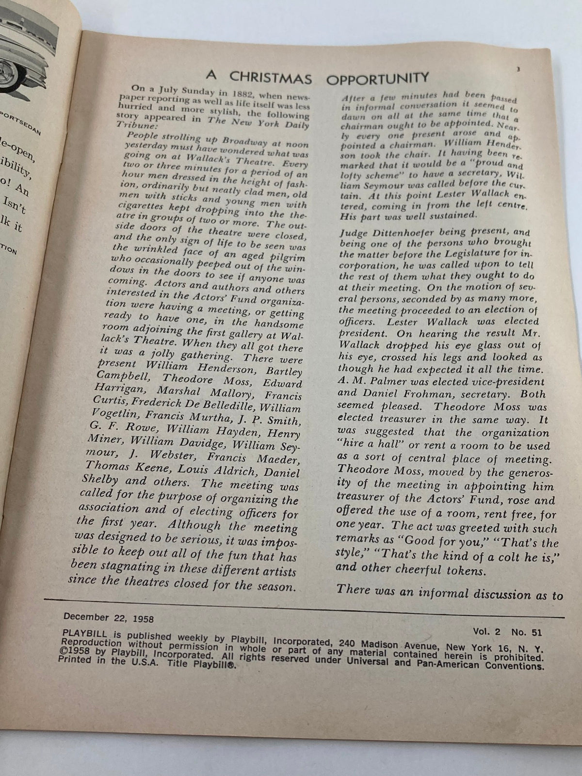 Interior page of the 1958 Playbill Longacre Theatre, providing insights and articles related to theater, including a piece titled A Christmas Opportunity.