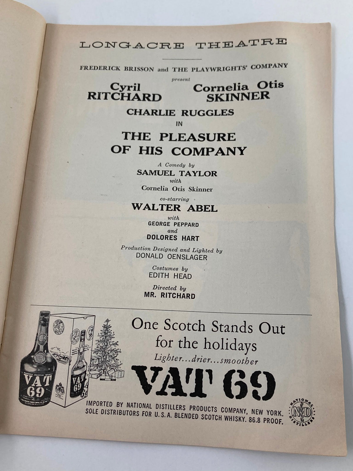 Interior page of the 1958 Playbill from Longacre Theatre featuring Cyril Ritchard in The Pleasure of His Company, listing cast and crew details including George Peppard and Samuel Taylor.