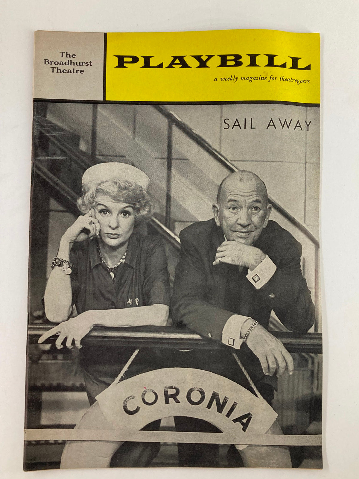 1961 Playbill for the Broadhurst Theatre showcasing Elaine Stritch and James Hurst in the musical Sail Away.