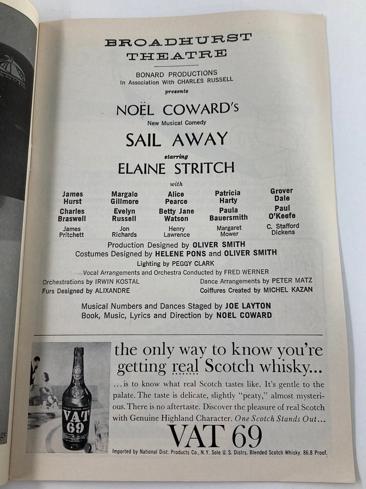 Another interior page of the 1961 Playbill for the Broadhurst Theatre highlighting the cast and production details for Sail Away, starring Elaine Stritch.