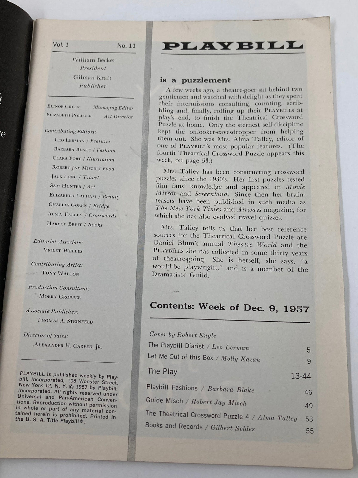 Interior page of the 1957 Playbill from Belasco Theatre, detailing the production 'Nude with Violin' and featuring contributor information.