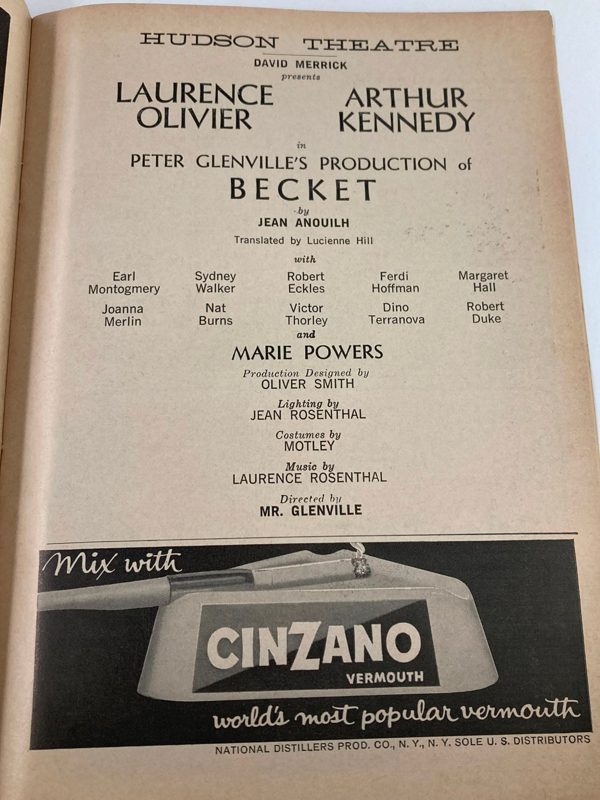 1961 Playbill from the Hudson Theatre featuring Laurence Olivier and Arthur Kennedy in the production of Becket, showcasing theatrical history and nostalgia.