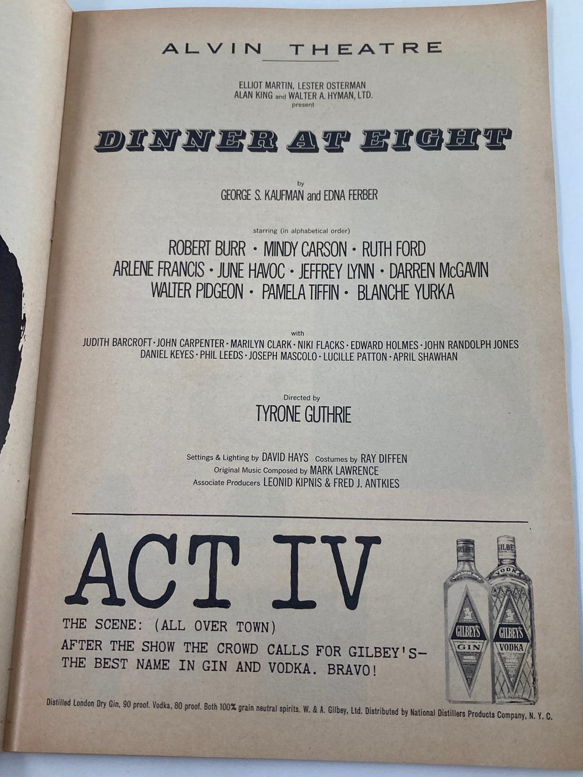 1966 Playbill from Alvin Theatre for 'Dinner at Eight', featuring the cast including Robert Burr and Mindy Carson, highlighting theatrical history and vintage memorabilia.