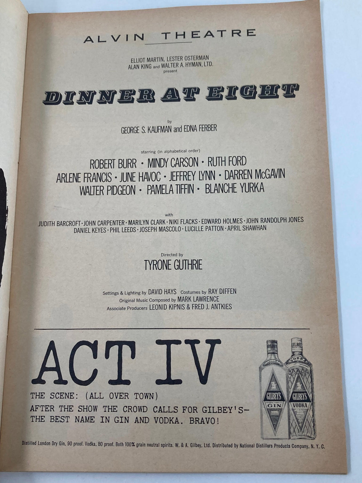 1966 Playbill from the Alvin Theatre showcasing 'Dinner at Eight' with details including cast information and the act structure, emphasizing the theatrical production.