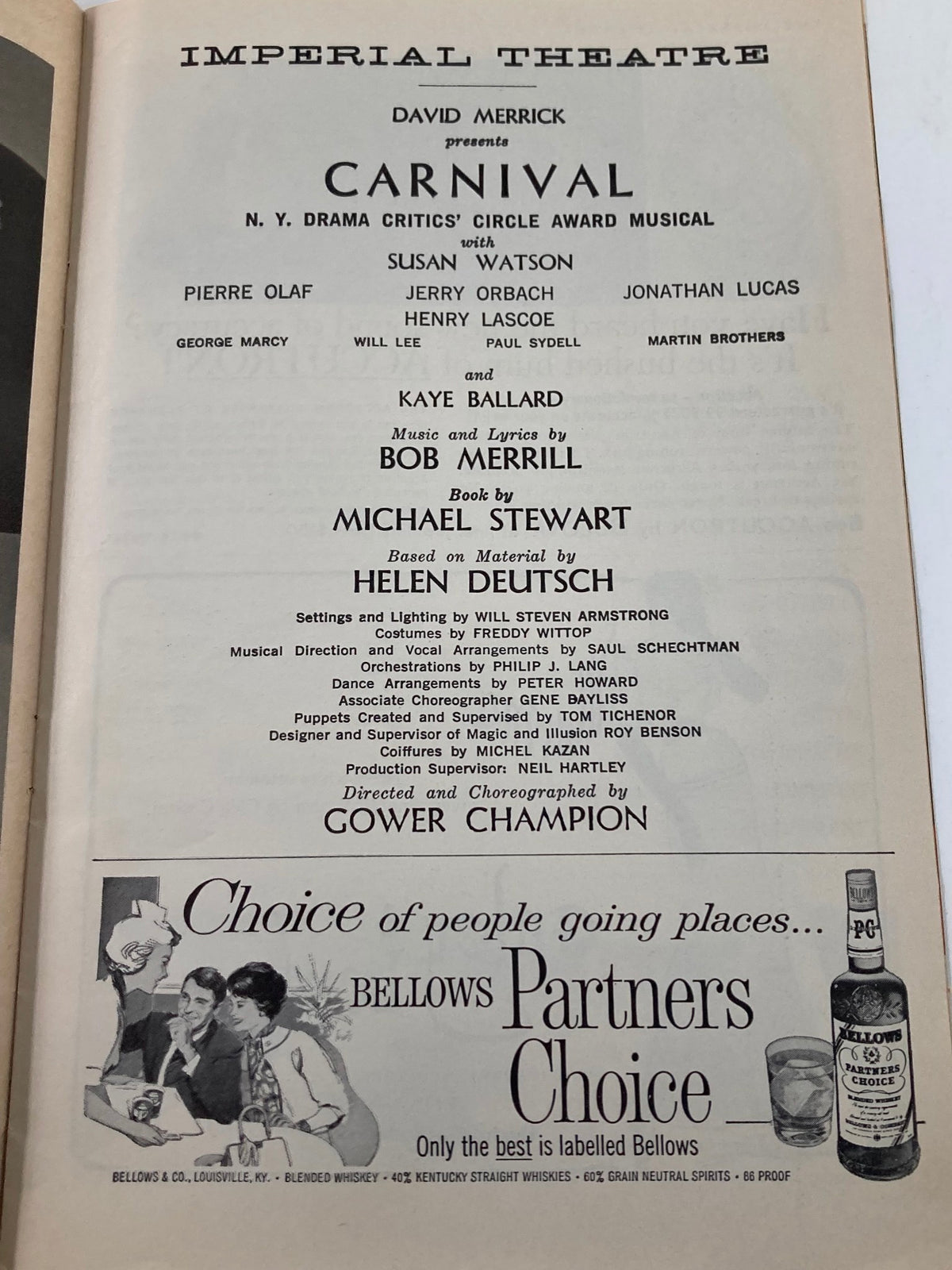 1962 Playbill from the Imperial Theatre featuring Susan Watson, Pierre Olaf in the musical Carnival. The image includes detailed credits for the production and highlights the historical significance of this vintage Playbill.