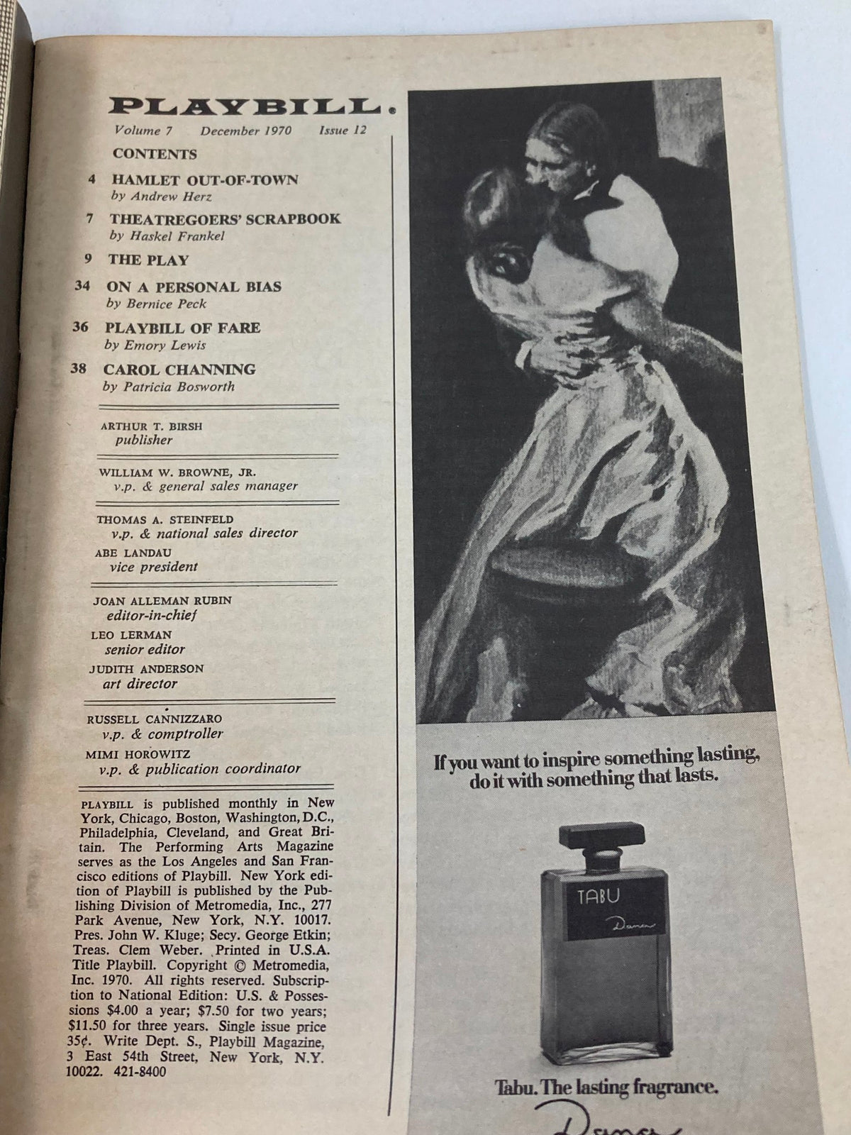 Interior page of the 1970 Playbill for 'Two by Two', featuring a summary of contents and a classic advertisement.