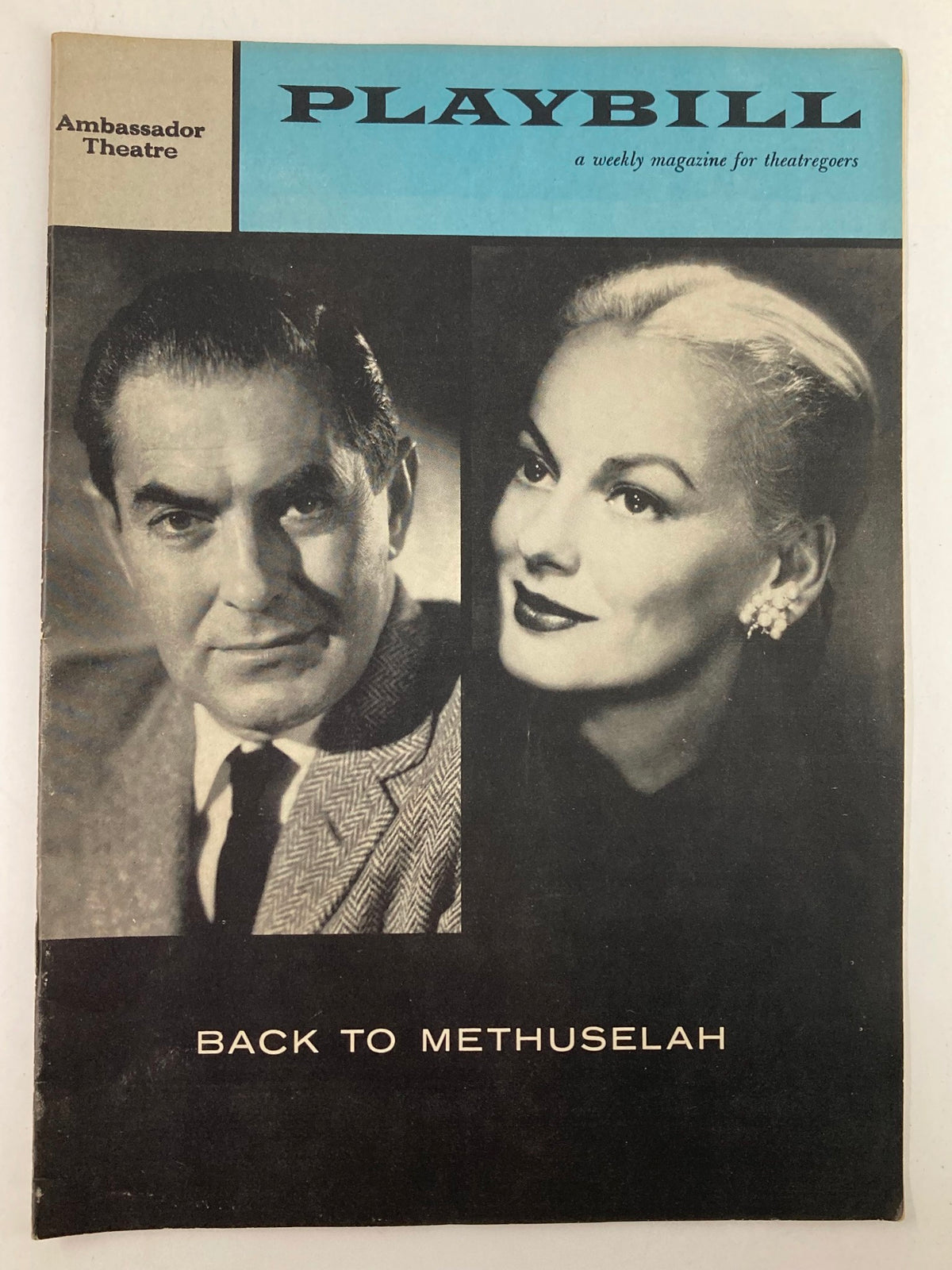 1958 Playbill for 'Back to Methuselah' featuring Tyrone Power and Faye Emerson, showcasing the iconic design from the Ambassador Theatre.