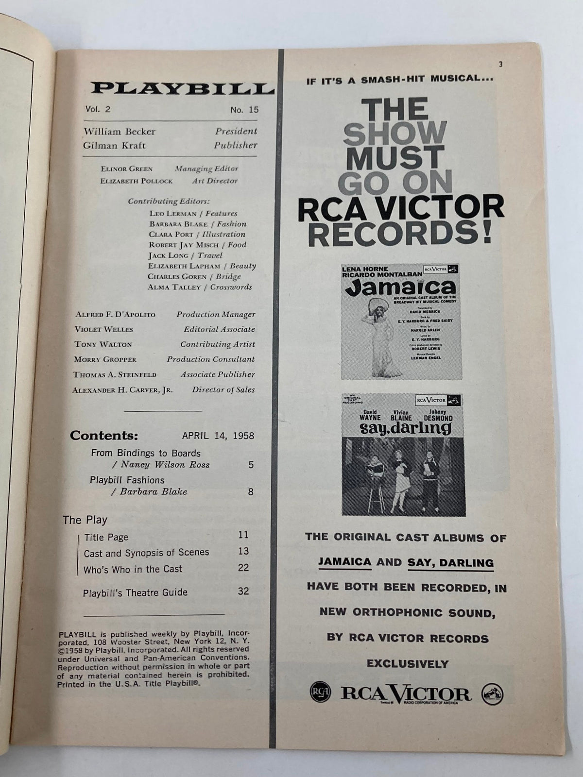 Interior page of the 1958 Playbill from Ambassador Theatre, detailing contents and acknowledging contributions to the play 'Back to Methuselah'.