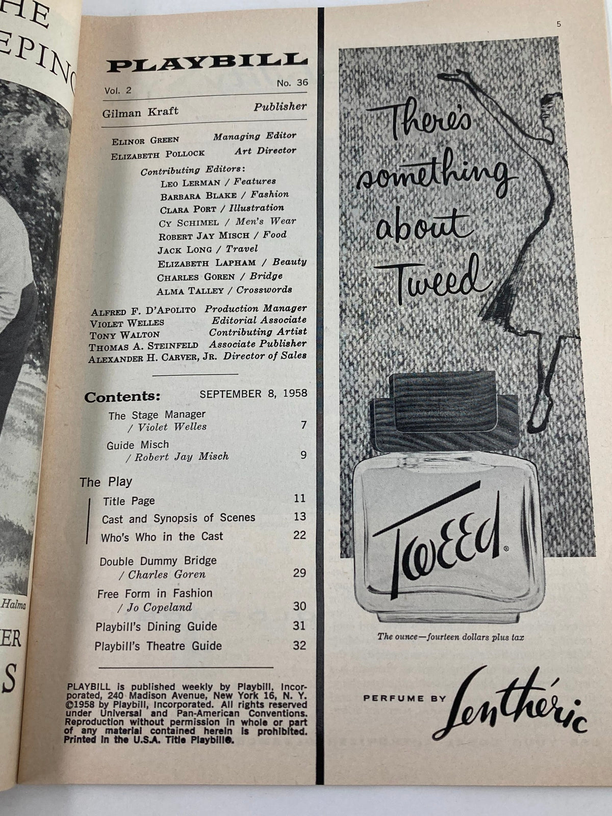 Inside page of the 1958 Playbill showcasing contents including advertisements and credits related to Romanoff and Juliet.
