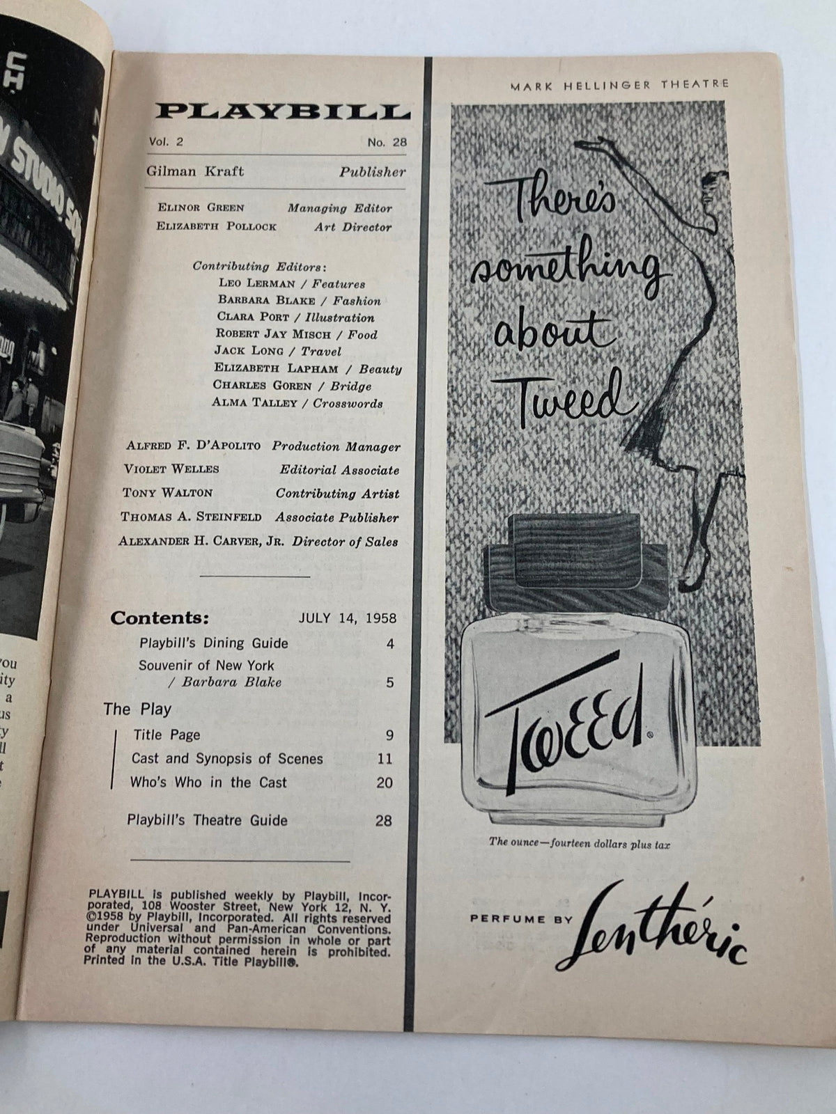 Inside page of the 1958 Playbill from Mark Hellinger Theatre published by Gilman Kraft, showcasing the contents and advertisements related to the production My Fair Lady.