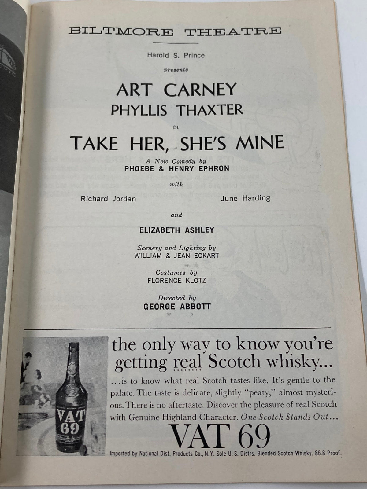 Details from the 1961 Playbill for 'Take Her, She's Mine,' including the cast information and production credits, highlighting Phyllis Thaxter's role.