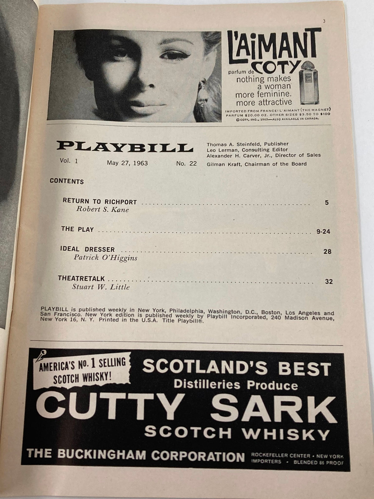 Interior page of the 1963 Playbill for Too Good to Be Good, including advertisements and details for Robert's Kane and other features.