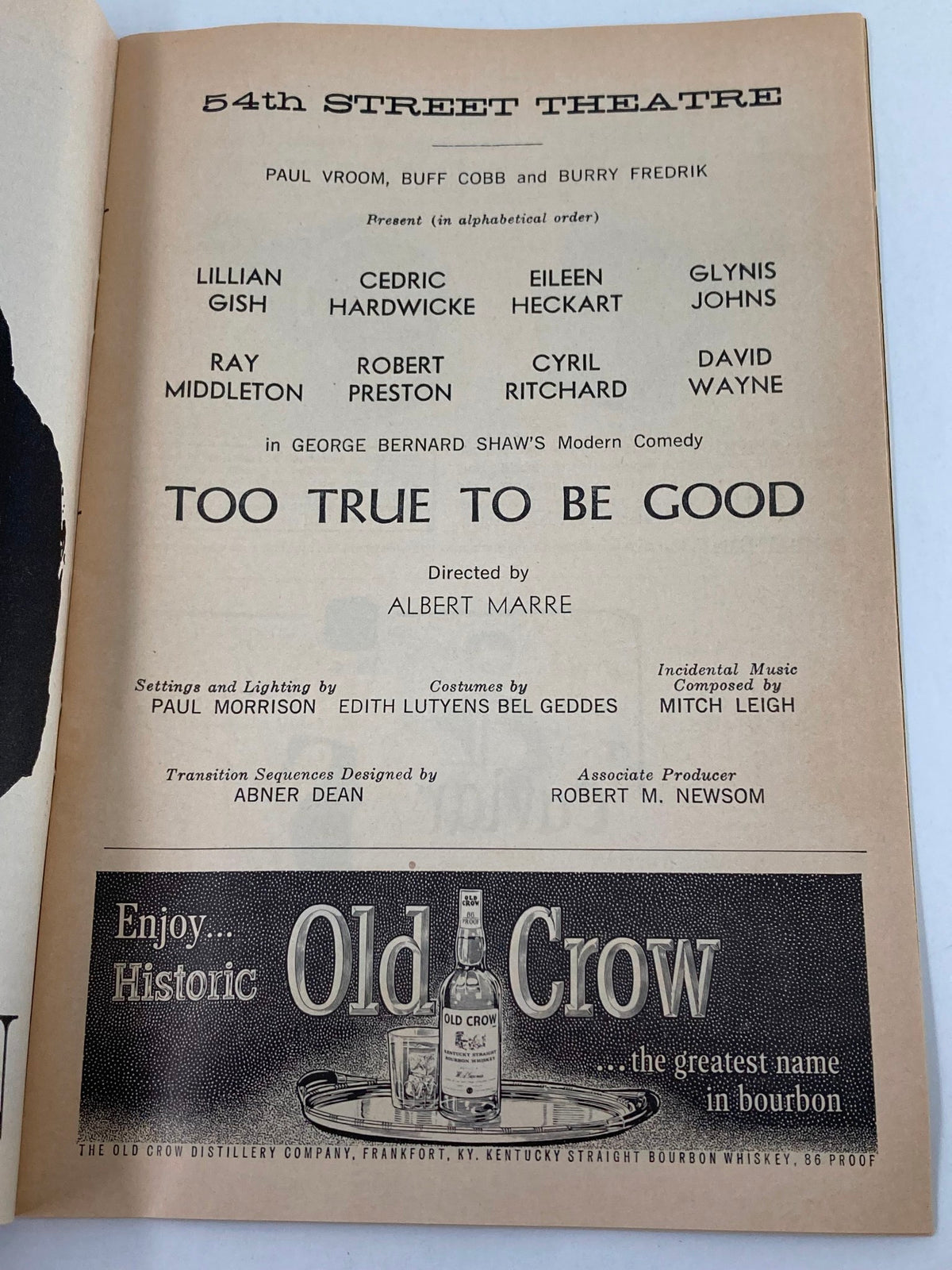 Another interior page of the 1963 Playbill for Too Good to Be Good, listing cast members including Lillian Gish at the 54th Street Theatre.