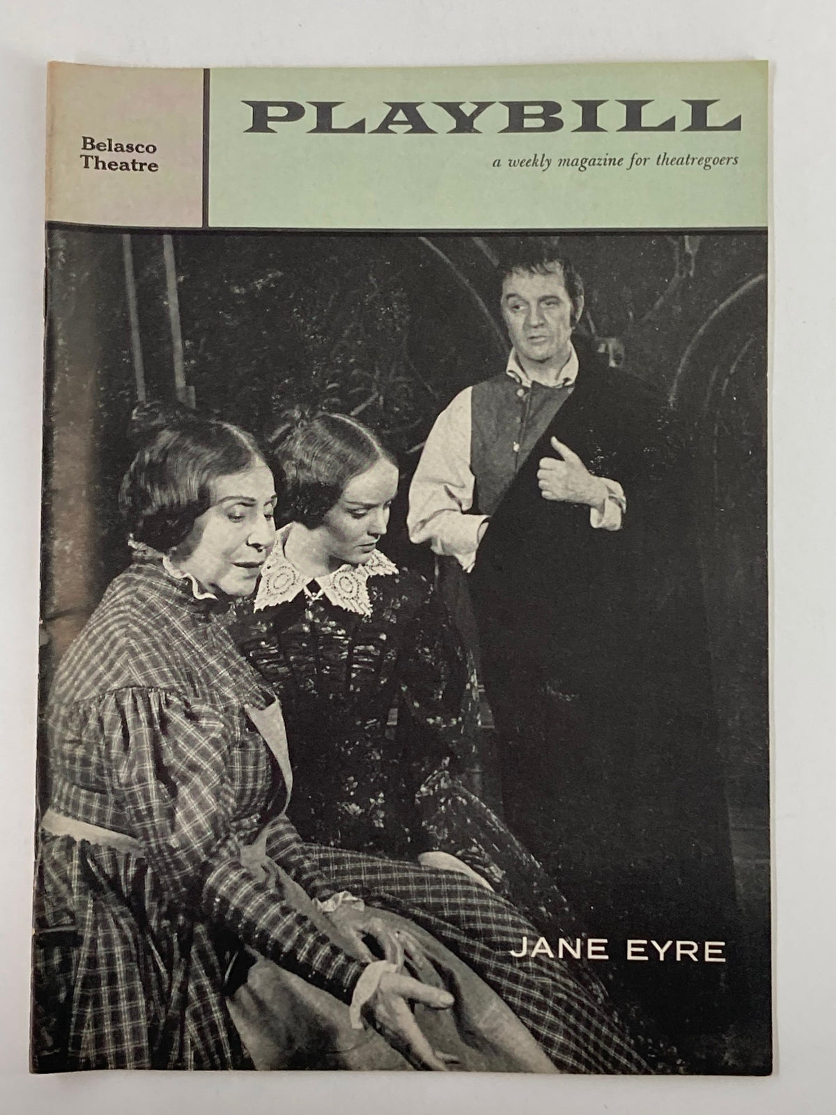 1958 Playbill from Belasco Theatre featuring Jane Eyre, showcasing the performances of Blanche Yurka and Jan Brooks in a vintage magazine format.