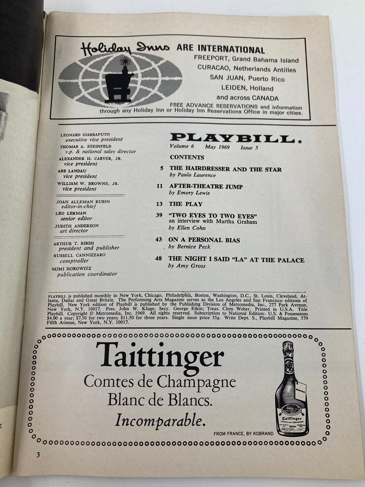 Interior page of the 1969 Playbill from Hadrian VII at Helen Hayes Theatre, displaying contents and additional production information.