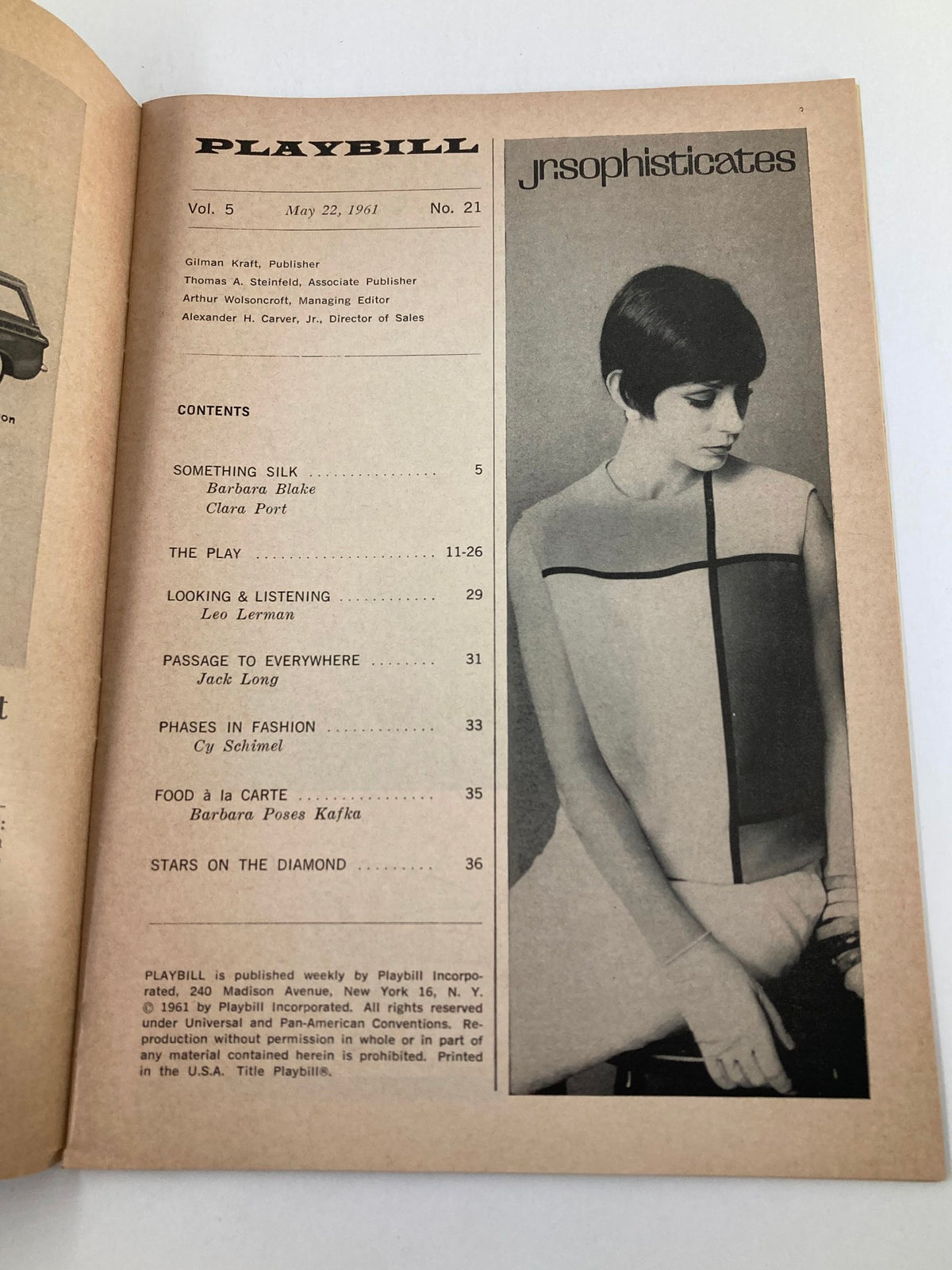 1961 Playbill Hudson Theatre magazine contents page for Becket, featuring an elegant graphic design and listing of articles such as 'Something Silk' and 'Food is a Carte'.