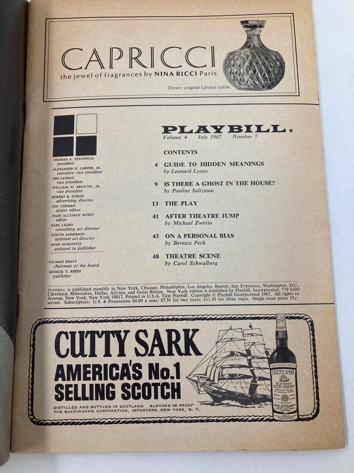 1967 Playbill for Black Comedy showing the contents page including an advertisement for Capricci fragrance by Nina Ricci.