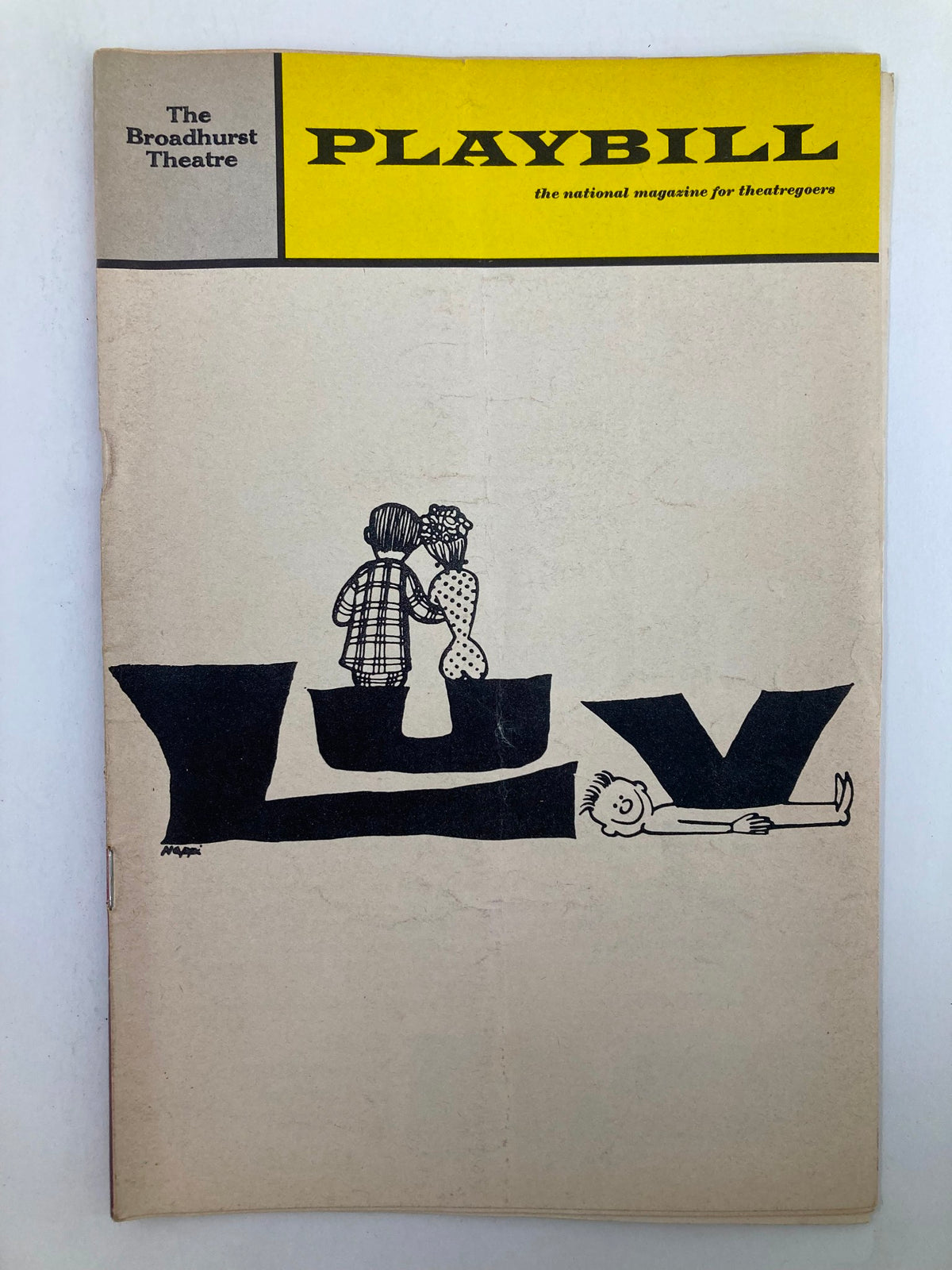 1966 Playbill from the Broadhurst Theatre featuring the theatrical production 'Luv' with illustrations, showcasing Barbara Bel Geddes and Robart Darnell.
